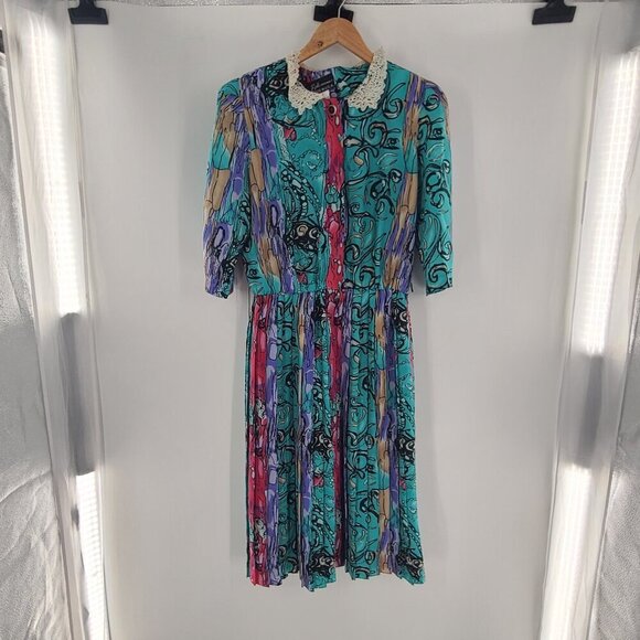 Vintage‎ 80s Breli Originals Sz 14 Secretary Dress Abstract Print Crochet Neck - Picture 2 of 6
